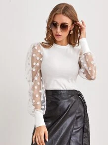 SHEIN Privé 波卡圓點網紗袖上衣 - 白色 - 查看 1