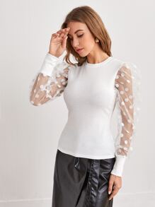 SHEIN Privé 波卡圓點網紗袖上衣 - 白色 - 查看 3