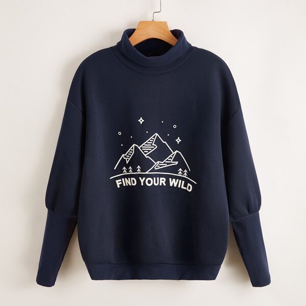 

Drop Shoulder Letter & Cartoon Graphic Pullover, Navy blue