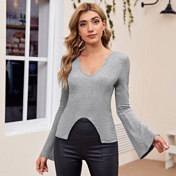 

Notched Neck Bell Sleeve Tee, Light grey