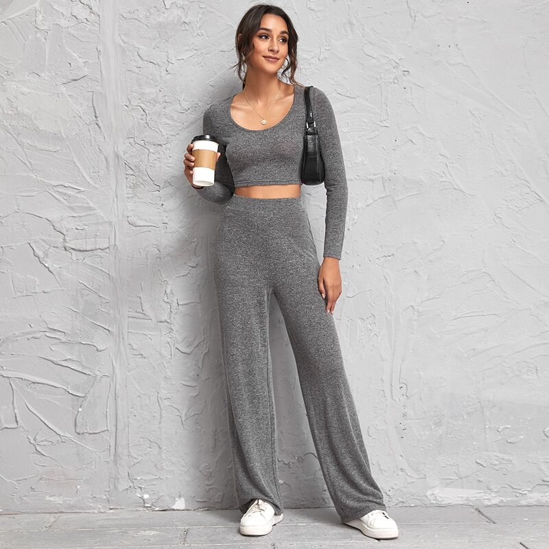 

Solid Crop Tee and Pants Set, Dark grey