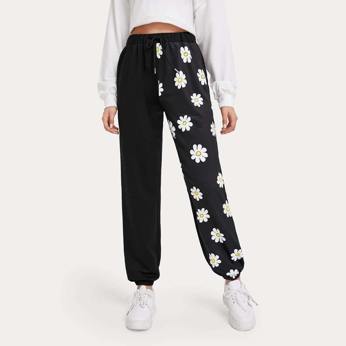 

Floral Print Drawstring Joggers, Black