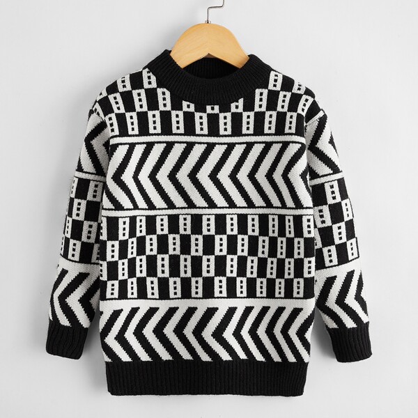 

Boys Chevron Pattern Drop Shoulder Sweater, Black and white