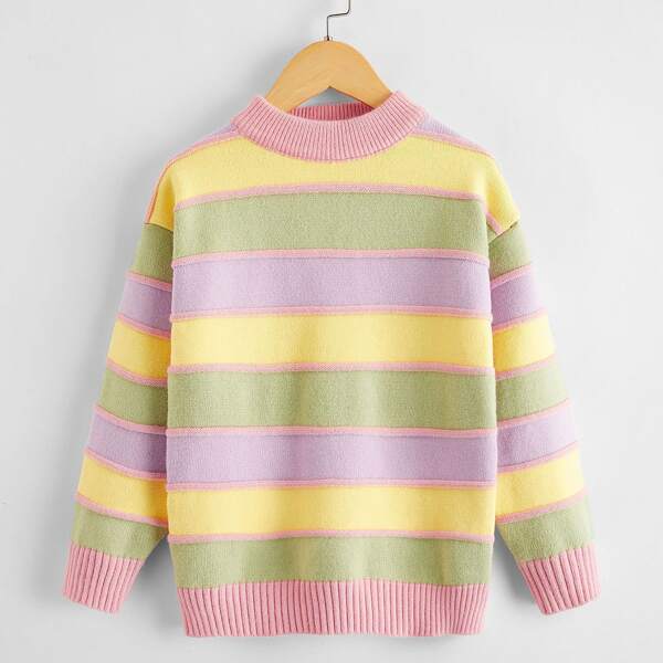 

Girls Colorful Striped Drop Shoulder Sweater, Multicolor