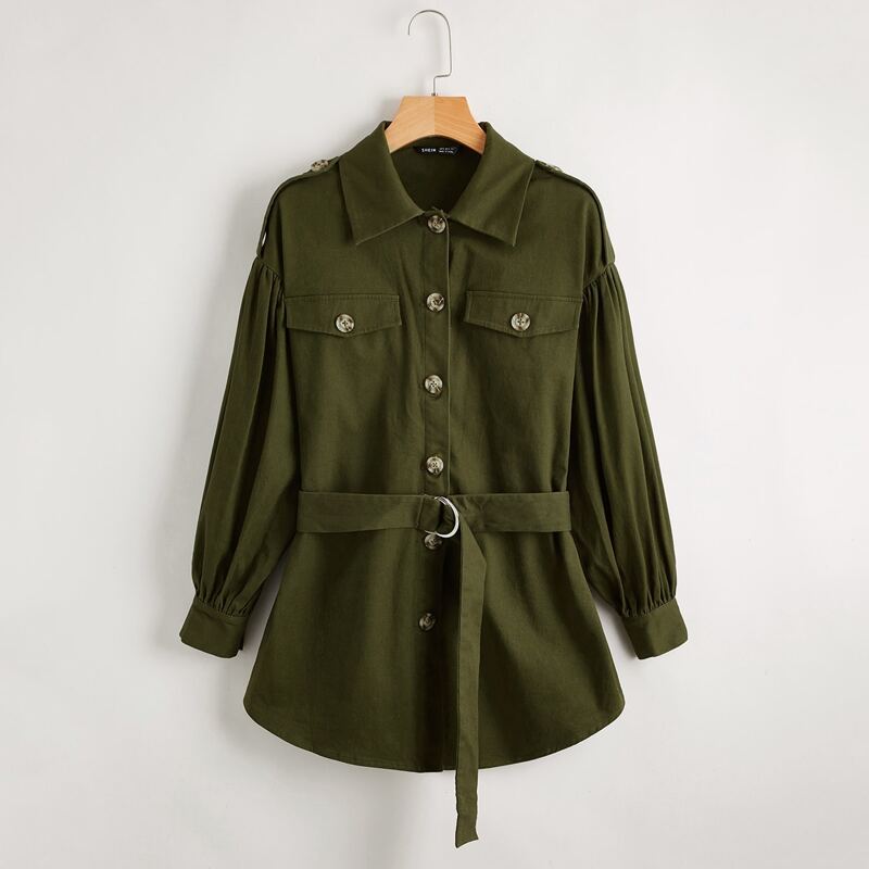 

Single Breasted Flap Detail D-ring Belted Coat, Army green
