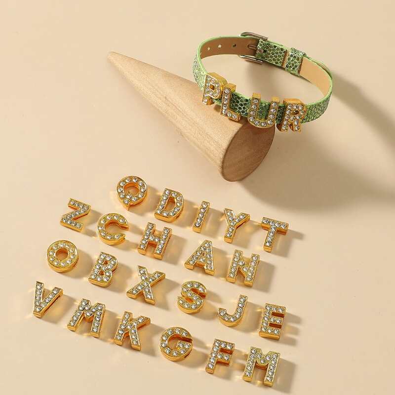 1pc Bracelet & 26pcs Rhinestone Letter Bead, Gold