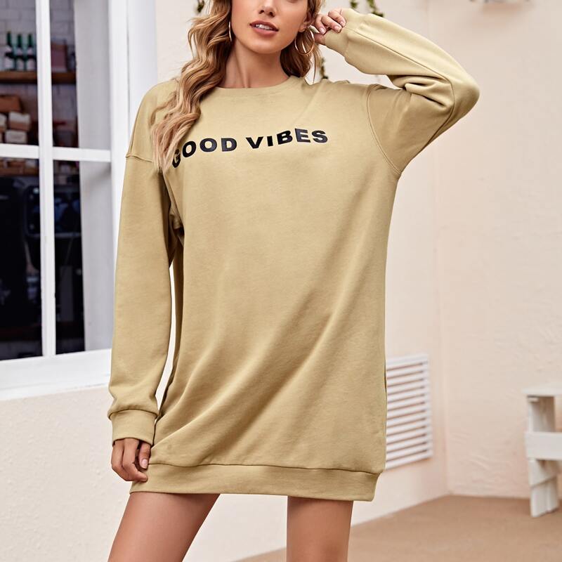 

Drop Shoulder Slogan Graphic Sweatshirt Dress, Khaki