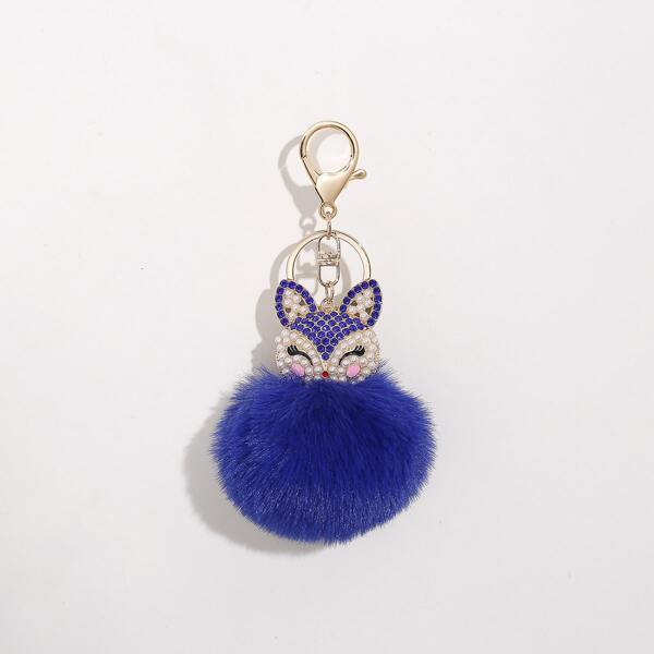 

Pom Pom & Rhinestone Decor Fox Charm Keychain, Royal blue
