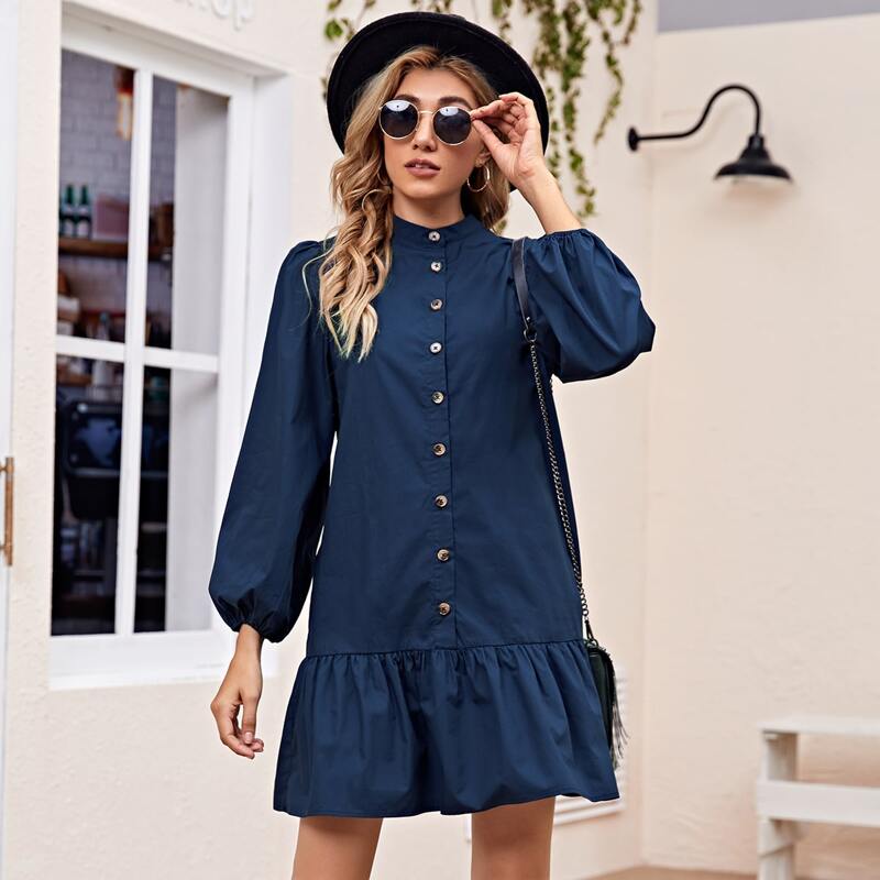 

Lantern Sleeve Flounce Hem Shirt Dress, Navy blue