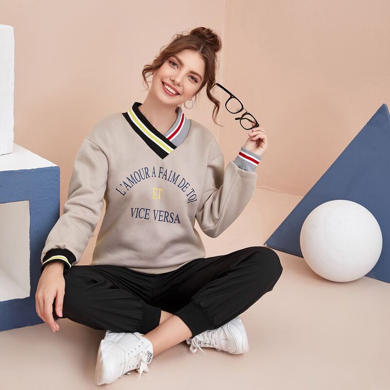 

Striped & Letter Drop Shoulder Plush Lined Sweatshirt, Khaki