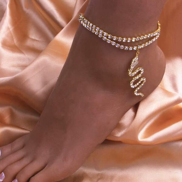 

Rhinestone Decor Layered Anklet, Gold