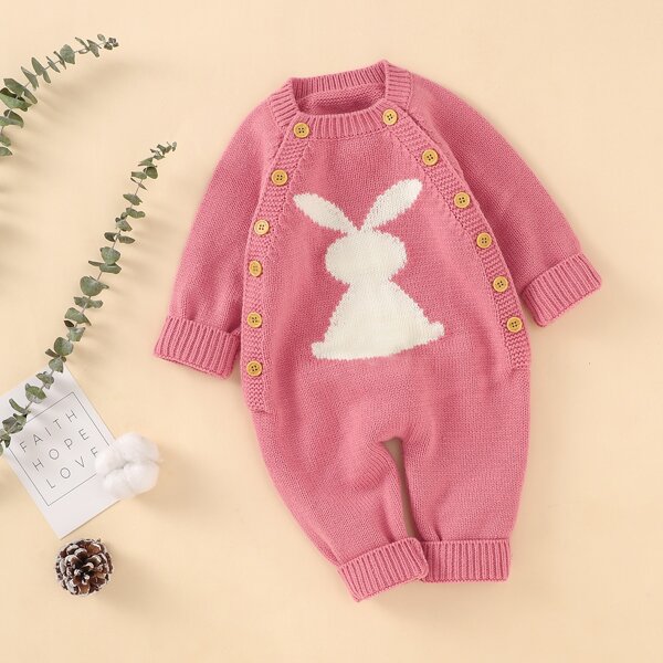 

Baby Girl Cartoon Rabbit Pattern Raglan Sleeve Knit Jumpsuit, Pink