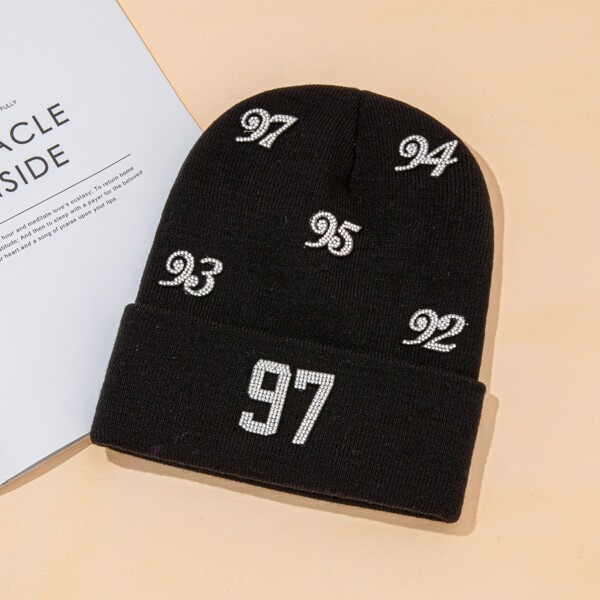 

Rhinestone Number Decor Beanie, Black
