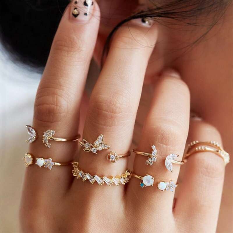 

7pcs Rhinestone Butterfly & Moon Ring, Gold