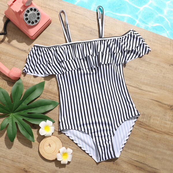 

с оборками Полосатый милый Купальники для девочек, Черный и белый