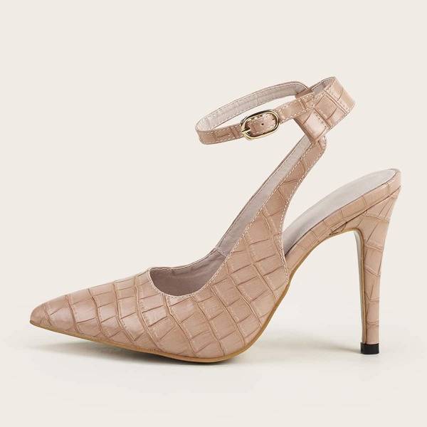 

Croc Embossed Ankle Strap Stiletto Pumps, Apricot