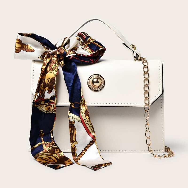 

Skinny Scarf Satchel Chain Bag, White