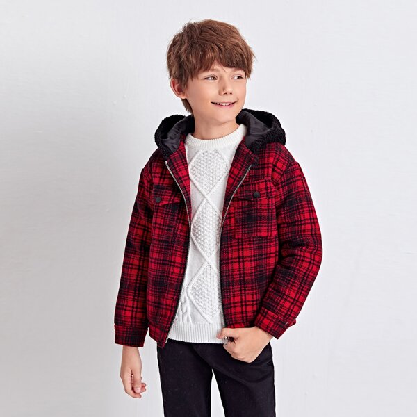 

Boys Zipper Placket Contrast Teddy Hooded Plaid Jacket, Multicolor