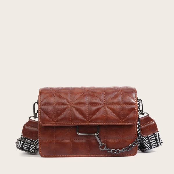 

Metal Chain Decor Guitar Strap Crossbody Bag, Brown