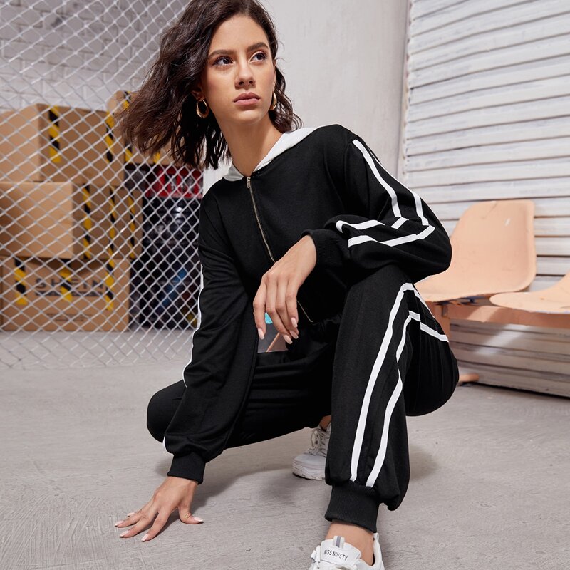 

Side Stripe Zip Front Hooded Jumpsuit, Black