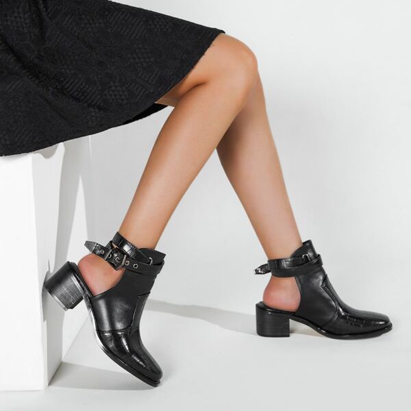 

Croc Embossed Cut-out Back Ankle Boots, Black