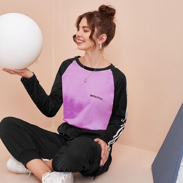 

Letter Embroidered Striped Tape Baseball T-Shirt, Pink