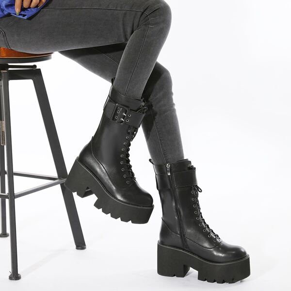 

Chunky Heeled Platform Mid Calf Boots, Black