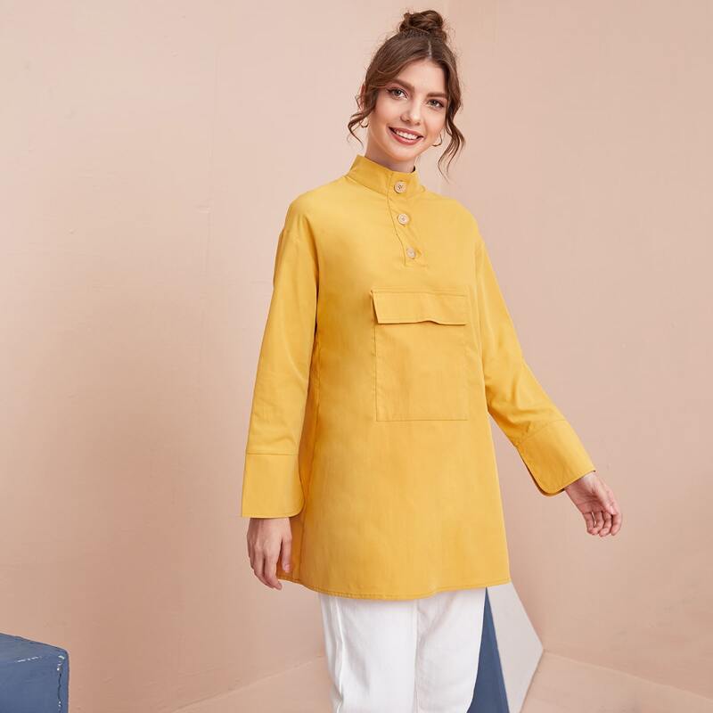 

Half Button Flap Pocket Blouse, Yellow
