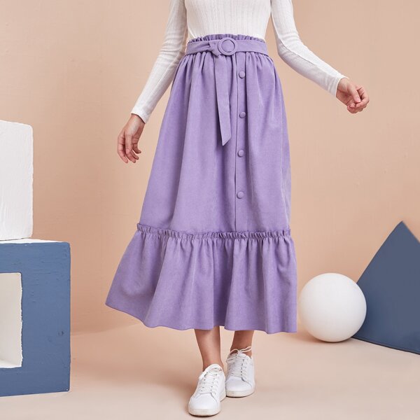 

Solid Button Front Frill Trim Belted Skirt, Lilac purple