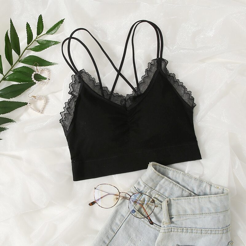 

Solid Lace Trim Bralette, Black
