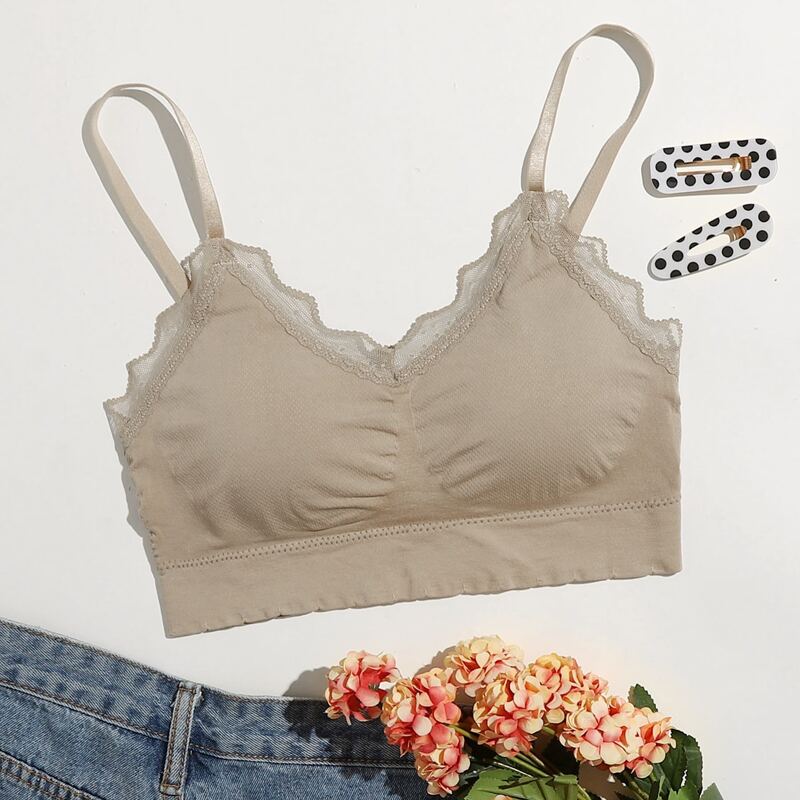 

Solid Lace Trim Bralette, Khaki
