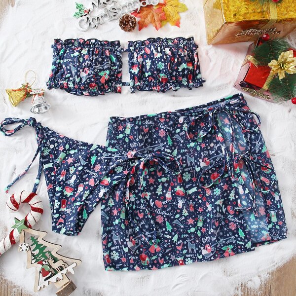

3pack Christmas Print Frill Bandeau Bikini Swimsuit, Multicolor