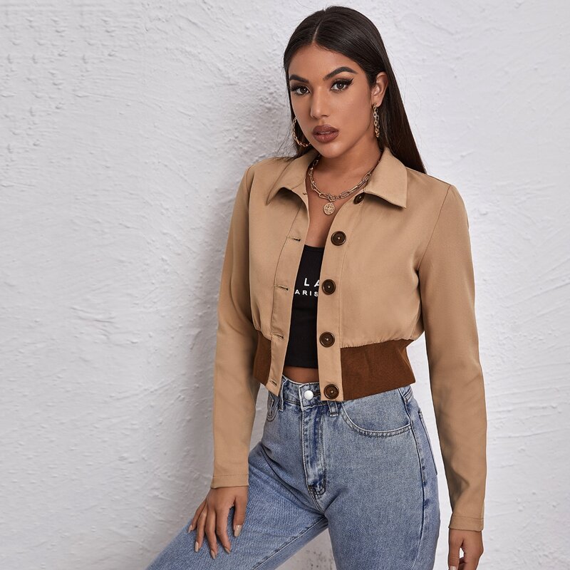 

Contrast Wide Hem Button Placket Jacket, Apricot