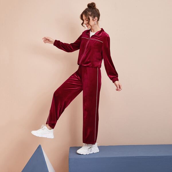 

Contrast Piping Zip Up Velvet Jacket & Pants, Maroon