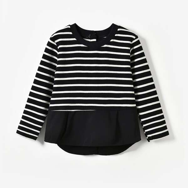 

Girls Striped Bow Buttoned Back Tee, Black and white