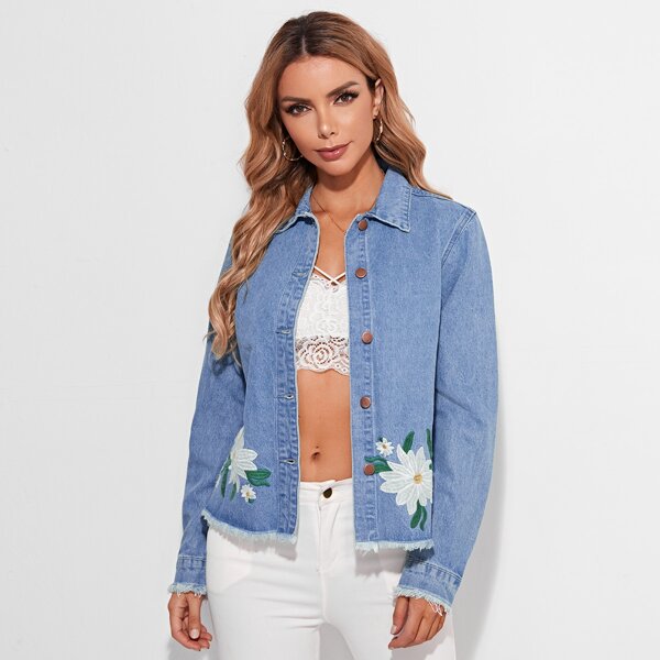 

Floral Embroidery Raw Hem Denim Blouse, Light wash