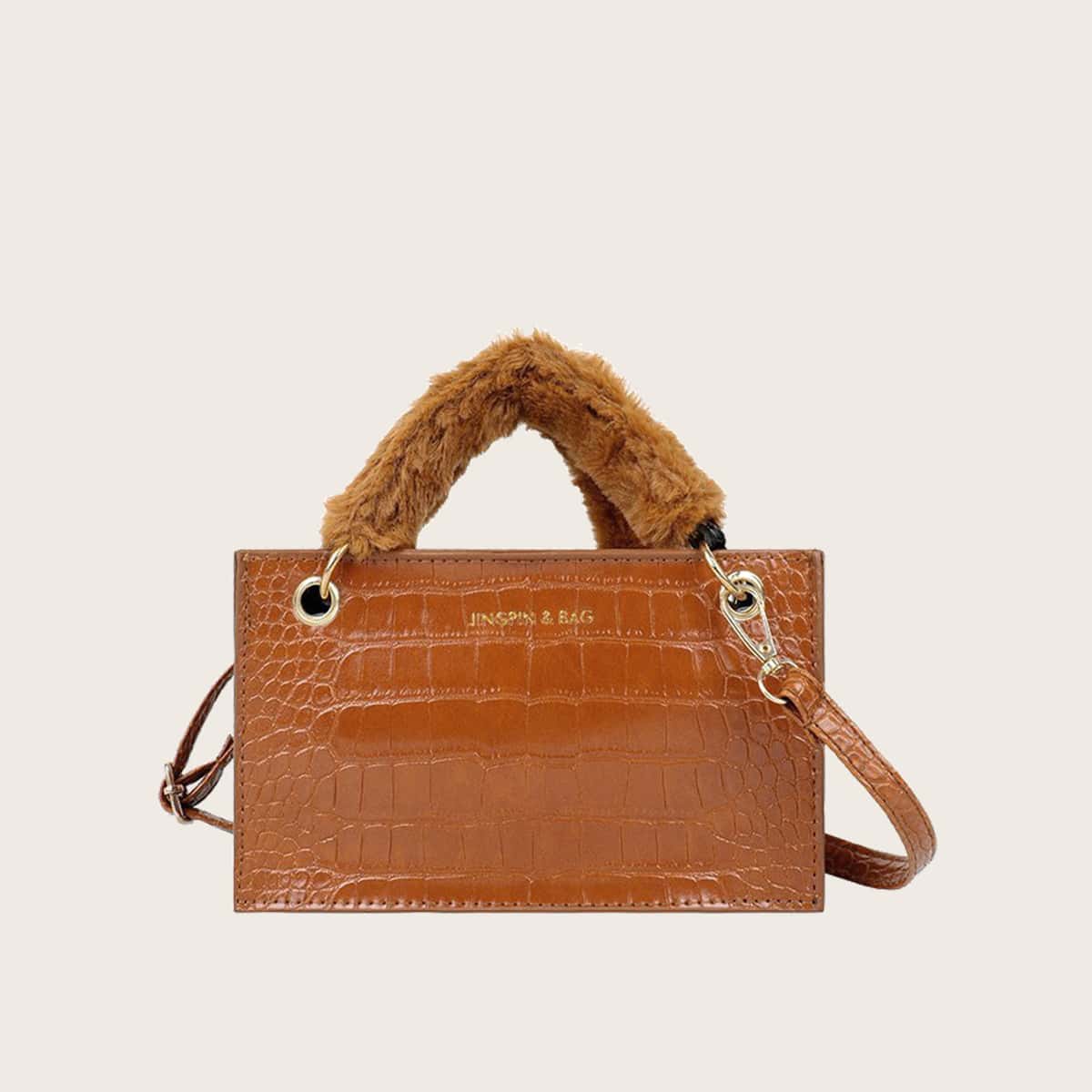 

Faux Fur Handle Croc Effect Bag, Brown
