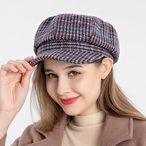

Plaid Baker Boy Cap, Navy blue