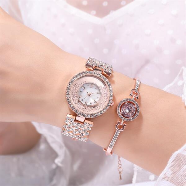 

1pc Rhinestone Decor Quartz Watch & 1pc Bracelet