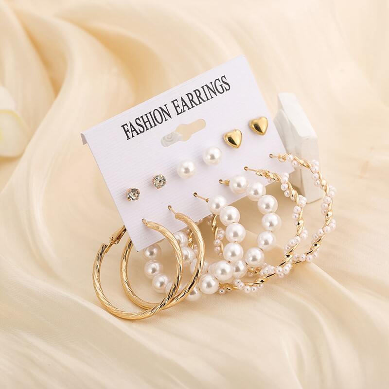 

6pairs Faux Pearl Hoop Earrings, White