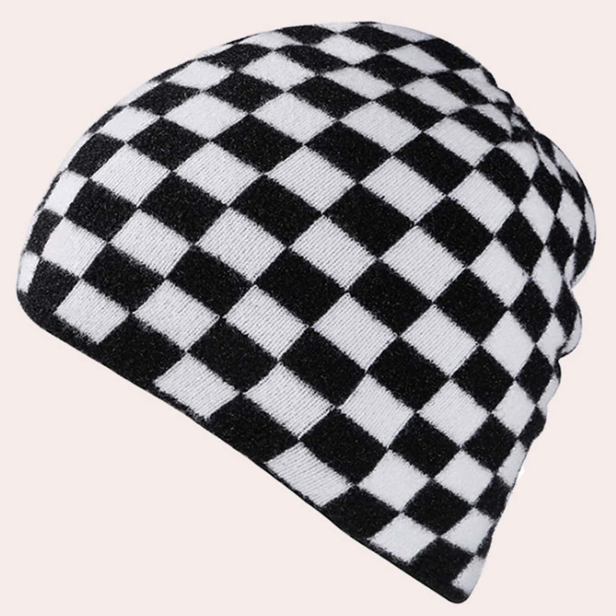 

Knit Checkered Beanie, Black and white