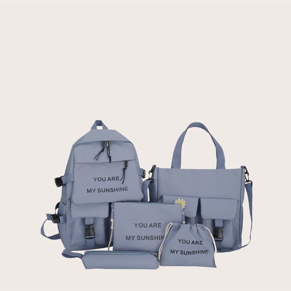 

5pcs Kids Slogan Graphic Backpack Set, Blue