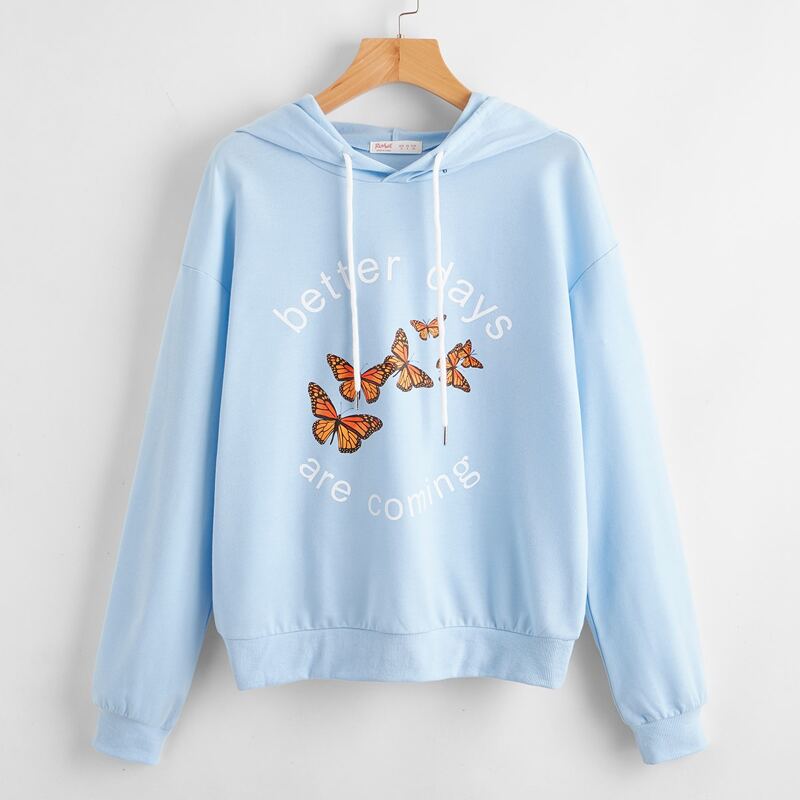 

Butterfly & Slogan Graphic Hoodie, Baby blue