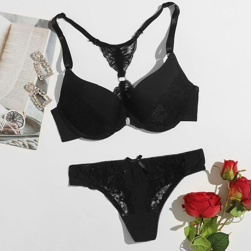 

Solid Lace Lingerie Set, Black