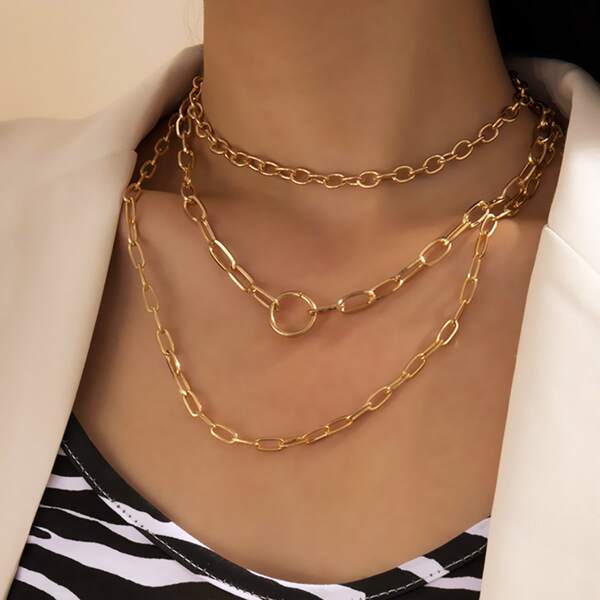 

3pcs Ring Decor Chain Necklace, Gold