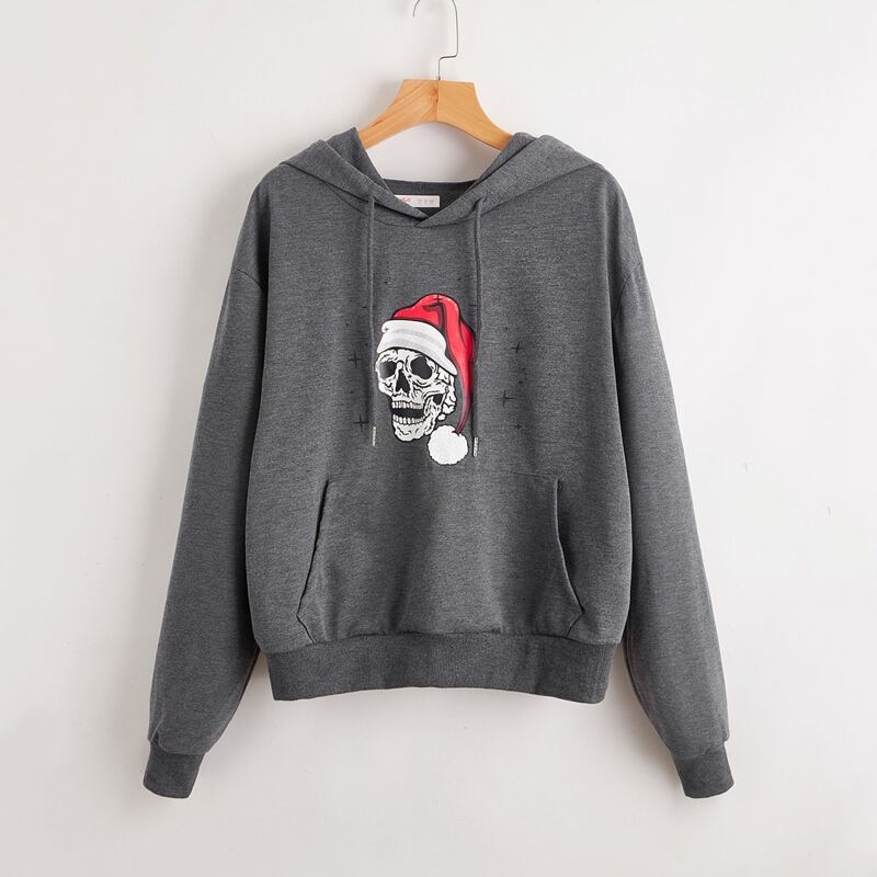 

Christmas Hat Graphic & Skull Graphic Hoodie, Dark grey
