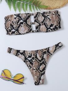 Swim Vcay 蛇紋比基尼套裝鏤空抹胸文胸和高衩下裝2入組泳衣