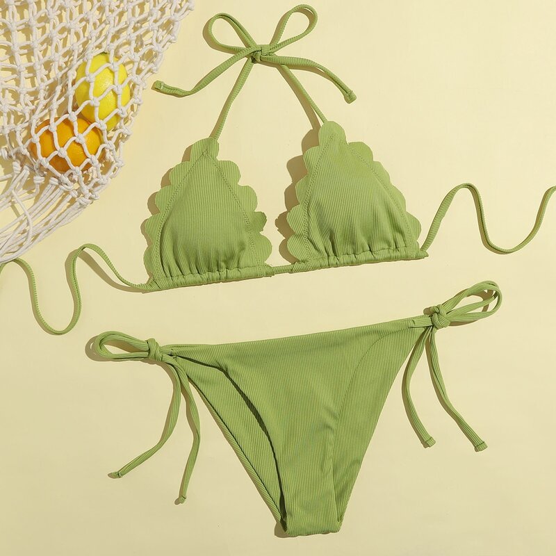 

Solid Scallop Tie Side Bikini Swimsuit, Green