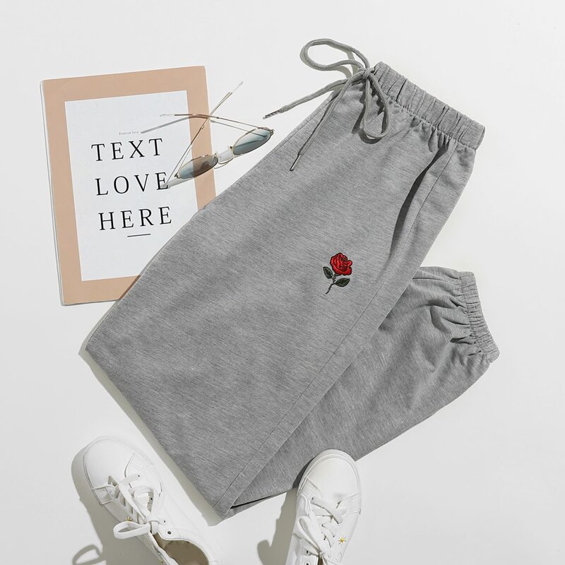 

Rose Embroidery Tie Front Sweatpants, Light grey