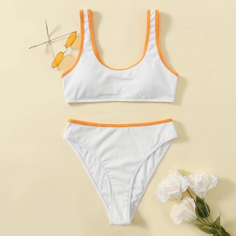 

Contrast Binding High Waist Bikini Swimsuit, White